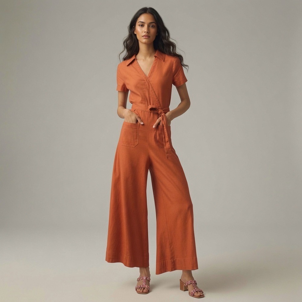 Maeve Anthropologie The Colette Linen‎ Blend Wrap Jumpsuit Orange Rust US 4